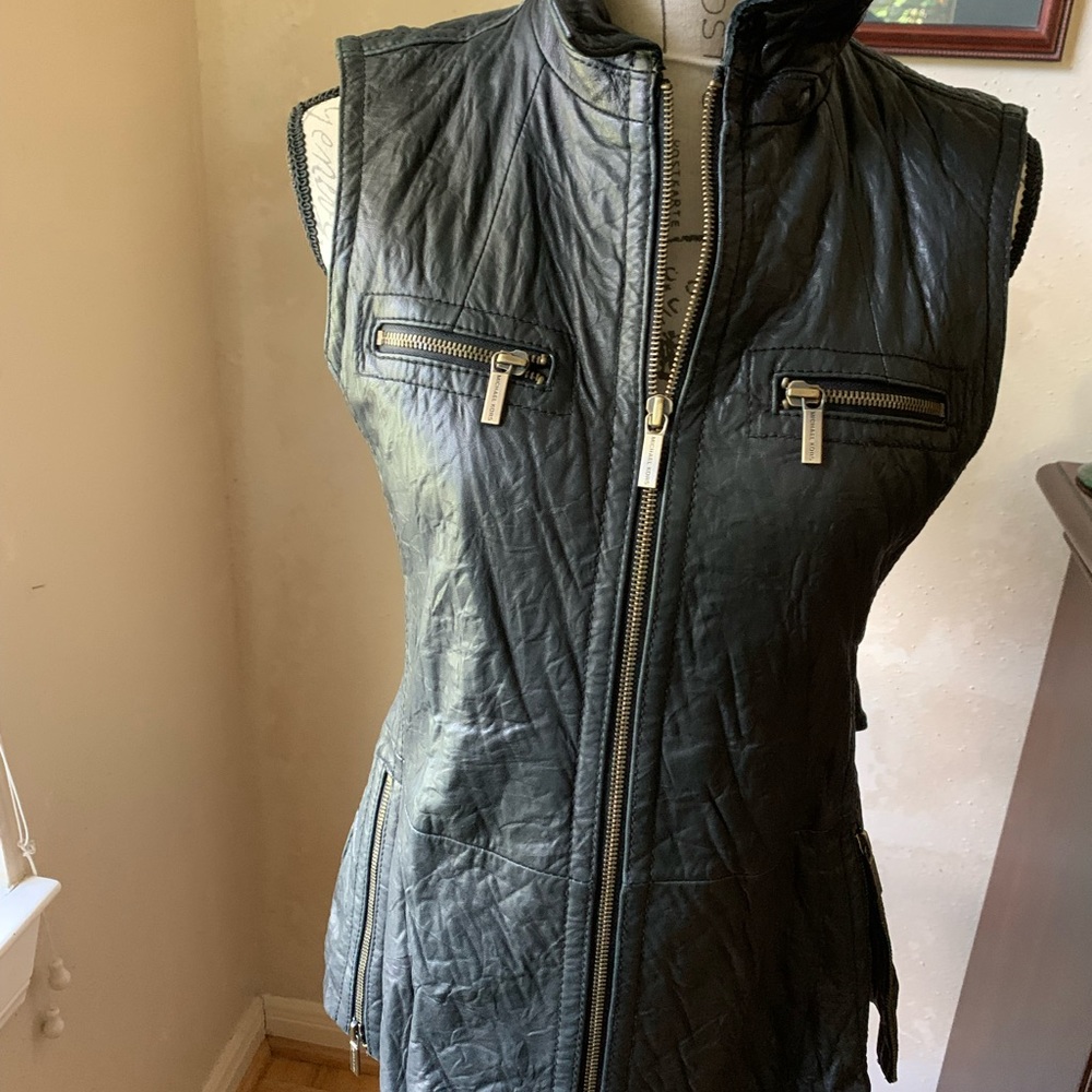 Michael Kors Black Genuine textured soft belted vest multiple zipper clo…